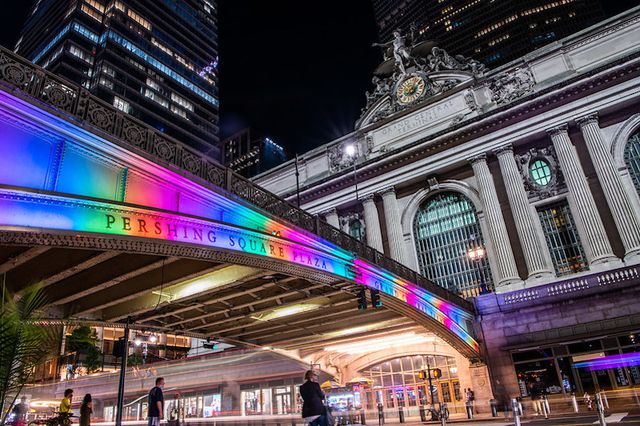 A photo of the colorful rainbow lights outside Grand Central Terminal - Governor Andrew M. Cuomo today announced that landmarks statewide will be lit red, orange, yellow, green, blue and violet in celebration of Pride month and the 10th Anniversary of the signing of the Marriage Equality Law in New York State.